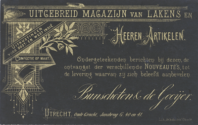 710549 Voorzijde van een reclamekaart van Bunschoten & De Gooijer, Uitgebreid Magazijn van Lakens & Heeren Artikelen, ...